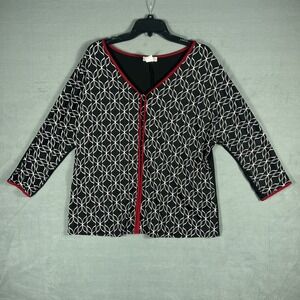 Ivy Ridge Women's XL Black White Geometric 3/4 Sleeve V-Neck Top Blouse Red Trim